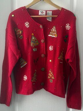 Vintage Nut Cracker Holiday Red Sweater with Festive Tree Design Size L